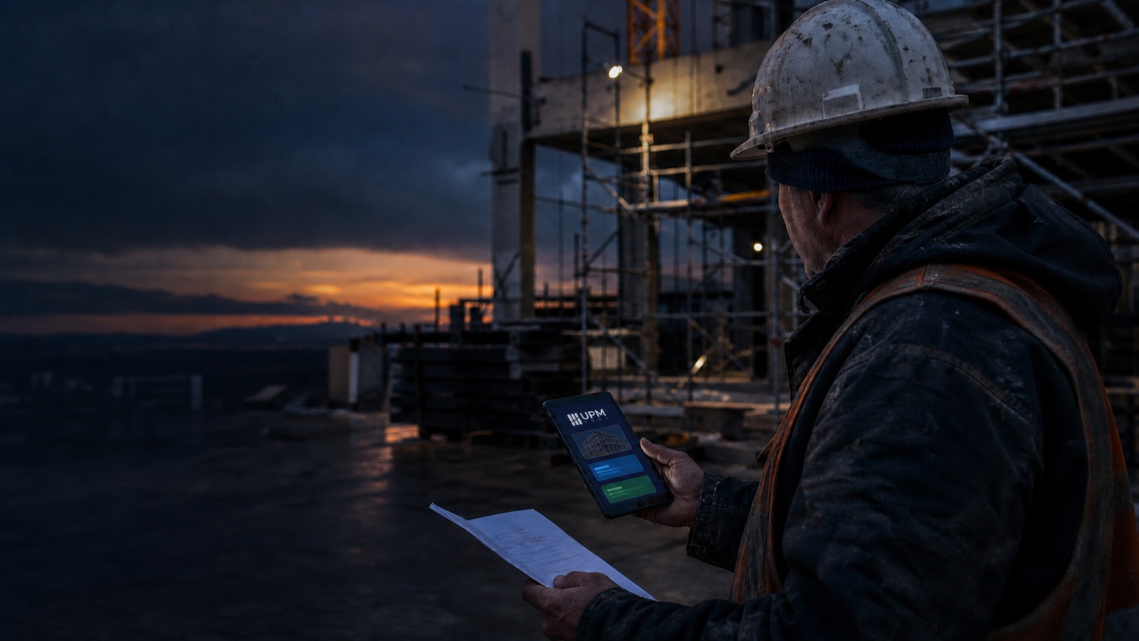 A construction worker in a hi-vis vest and hard hat reads a paper drawing on site at dusk, holding a tablet.